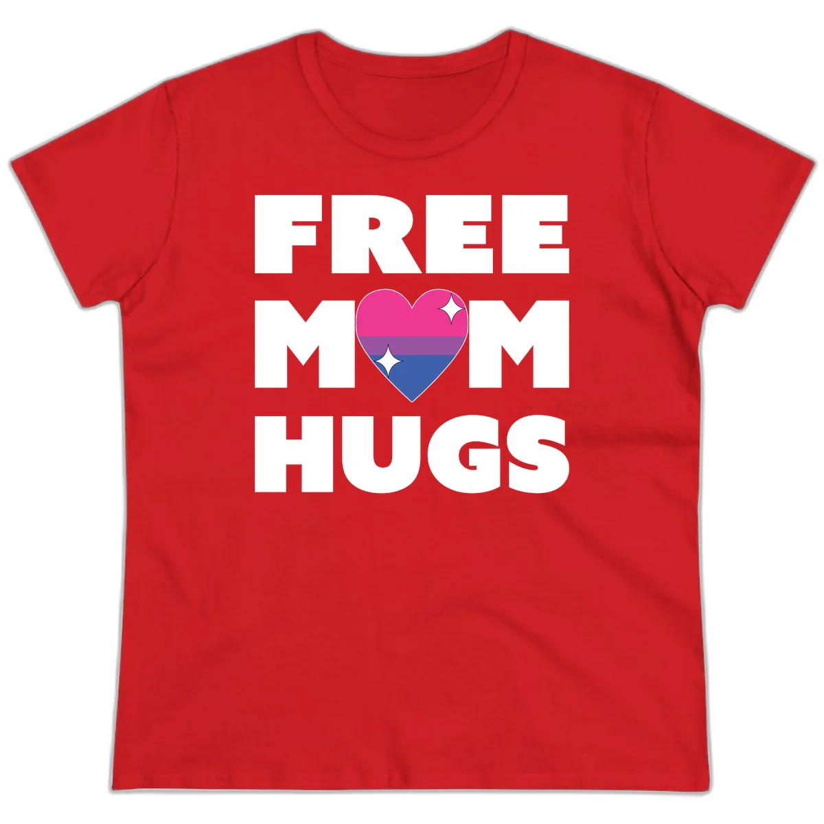 Free Mom Hugs design with bisexual pride flag heart and white sparkles on gray background in Red