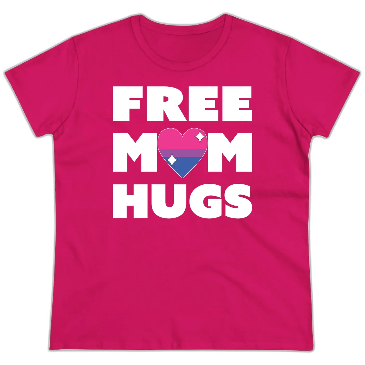 Free Mom Hugs design with bisexual pride flag heart and white sparkles on gray background in Heliconia