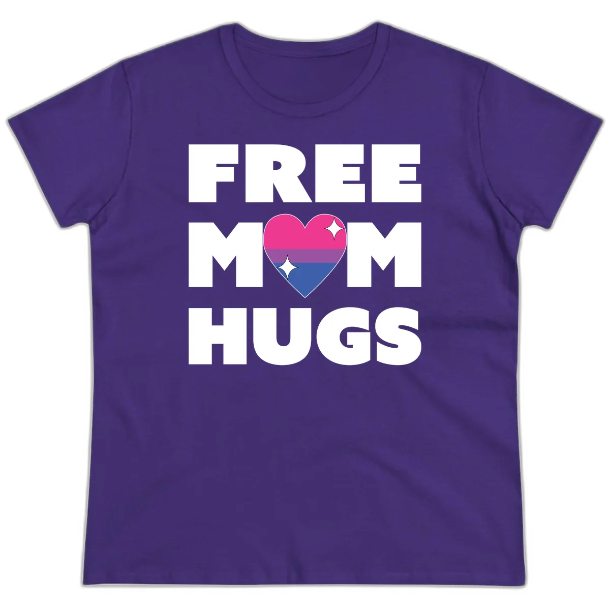 Free Mom Hugs design with bisexual pride flag heart and white sparkles on gray background in Purple