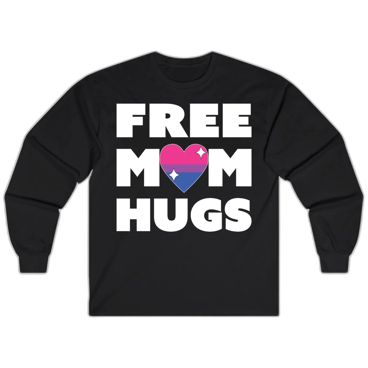 Free Mom Hugs design with bisexual pride flag heart and white sparkles on gray background in Black