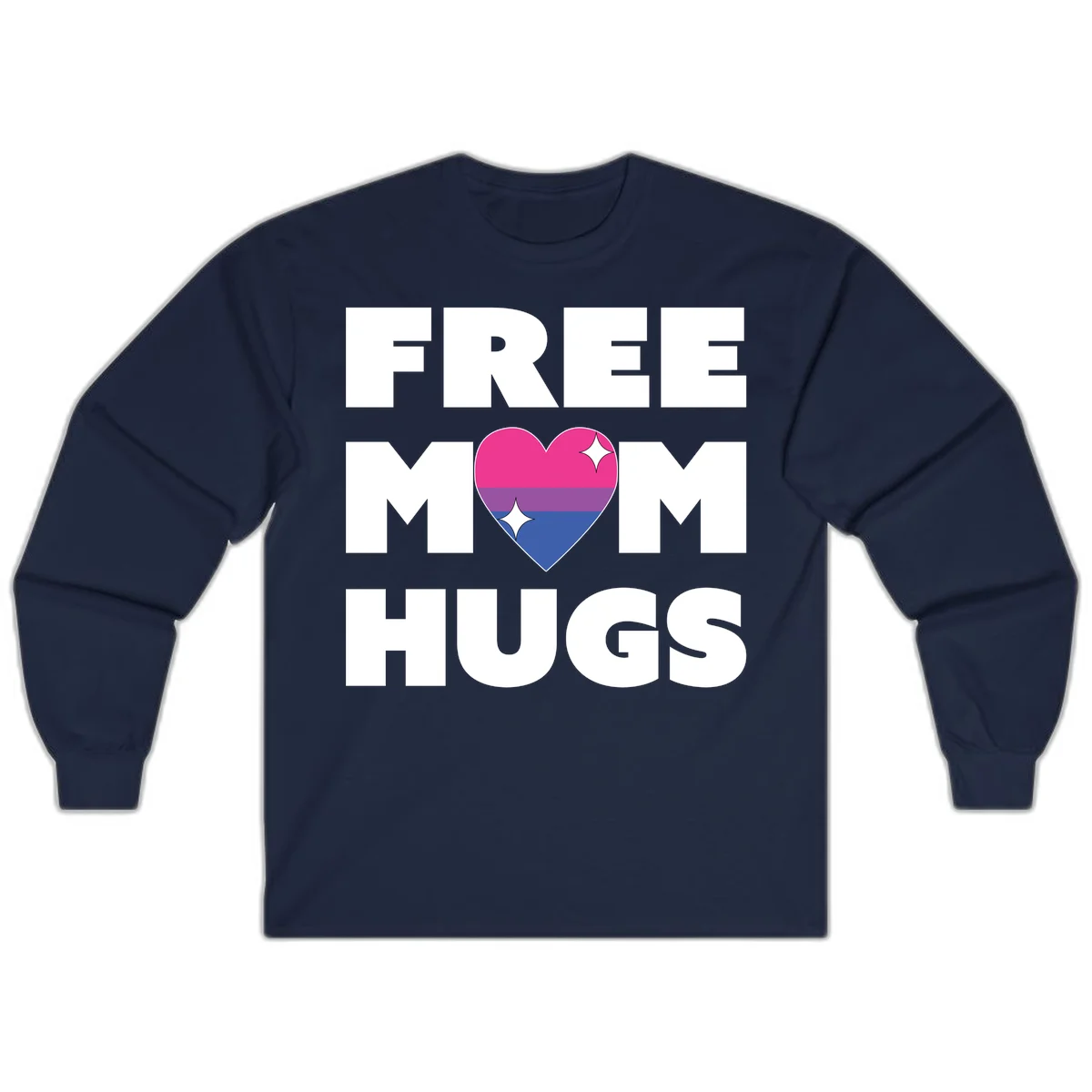 Free Mom Hugs design with bisexual pride flag heart and white sparkles on gray background in Navy