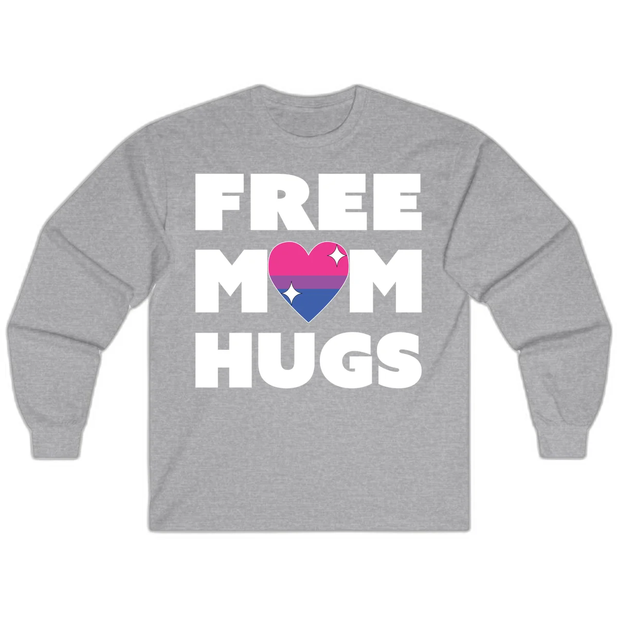 Free Mom Hugs design with bisexual pride flag heart and white sparkles on gray background in Sport Grey