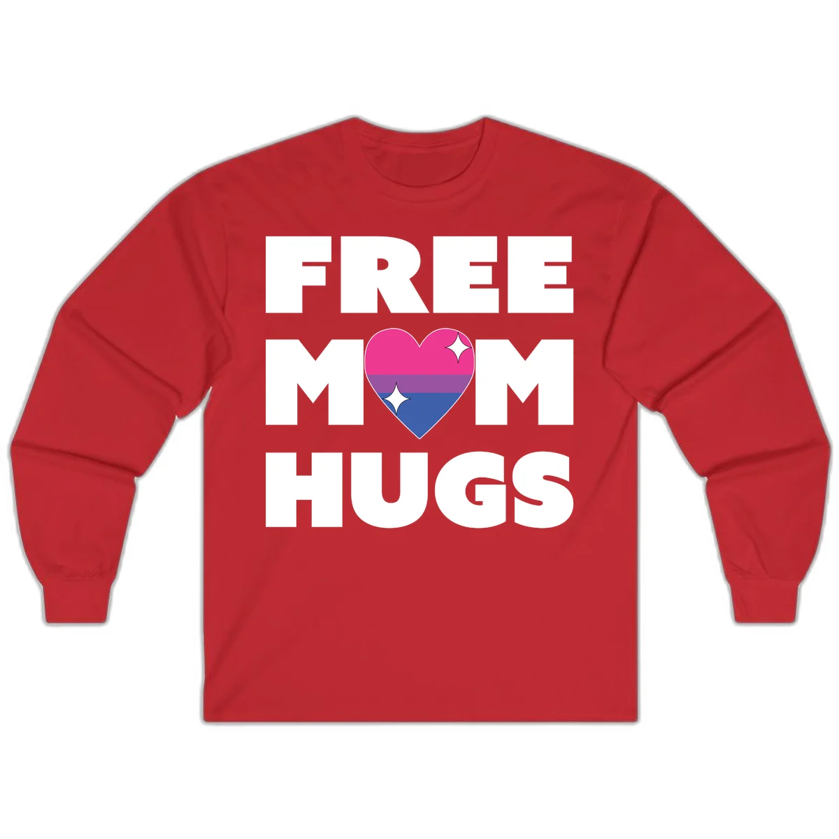 Free Mom Hugs design with bisexual pride flag heart and white sparkles on gray background in Red