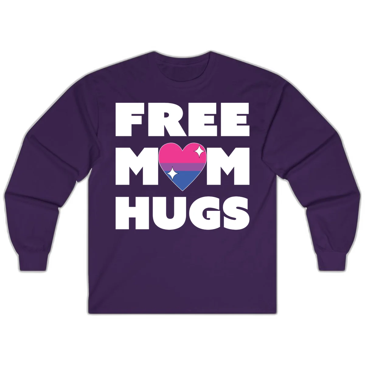 Free Mom Hugs design with bisexual pride flag heart and white sparkles on gray background in Purple