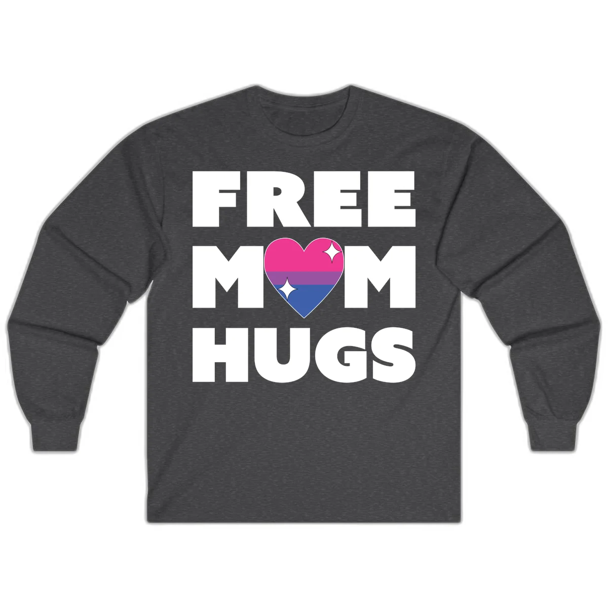 Free Mom Hugs design with bisexual pride flag heart and white sparkles on gray background in Dark Heather