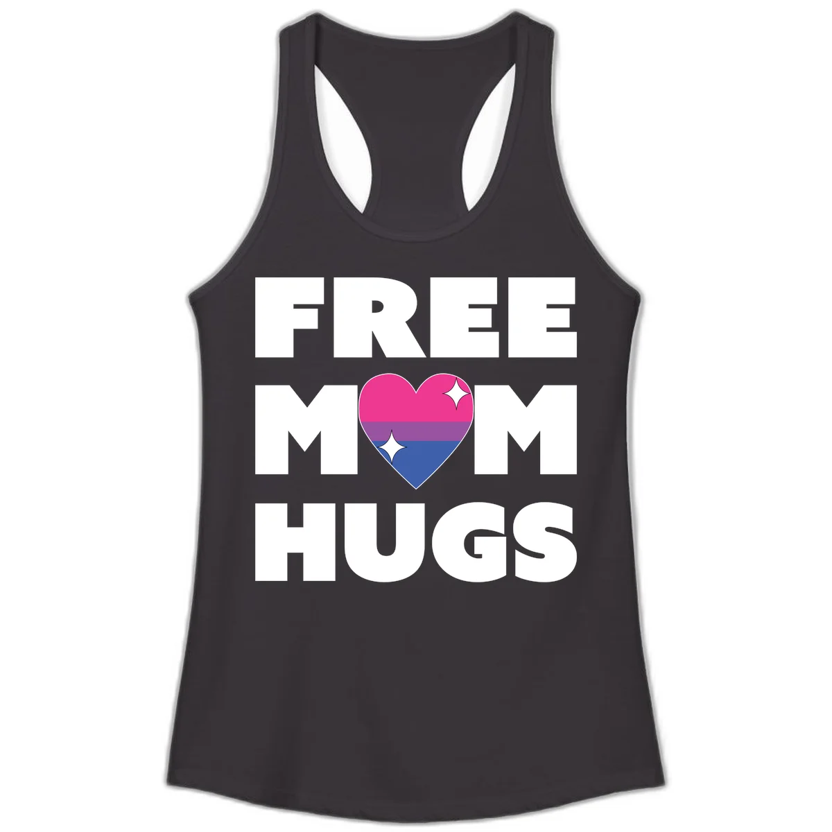 Free Mom Hugs design with bisexual pride flag heart and white sparkles on gray background in Black