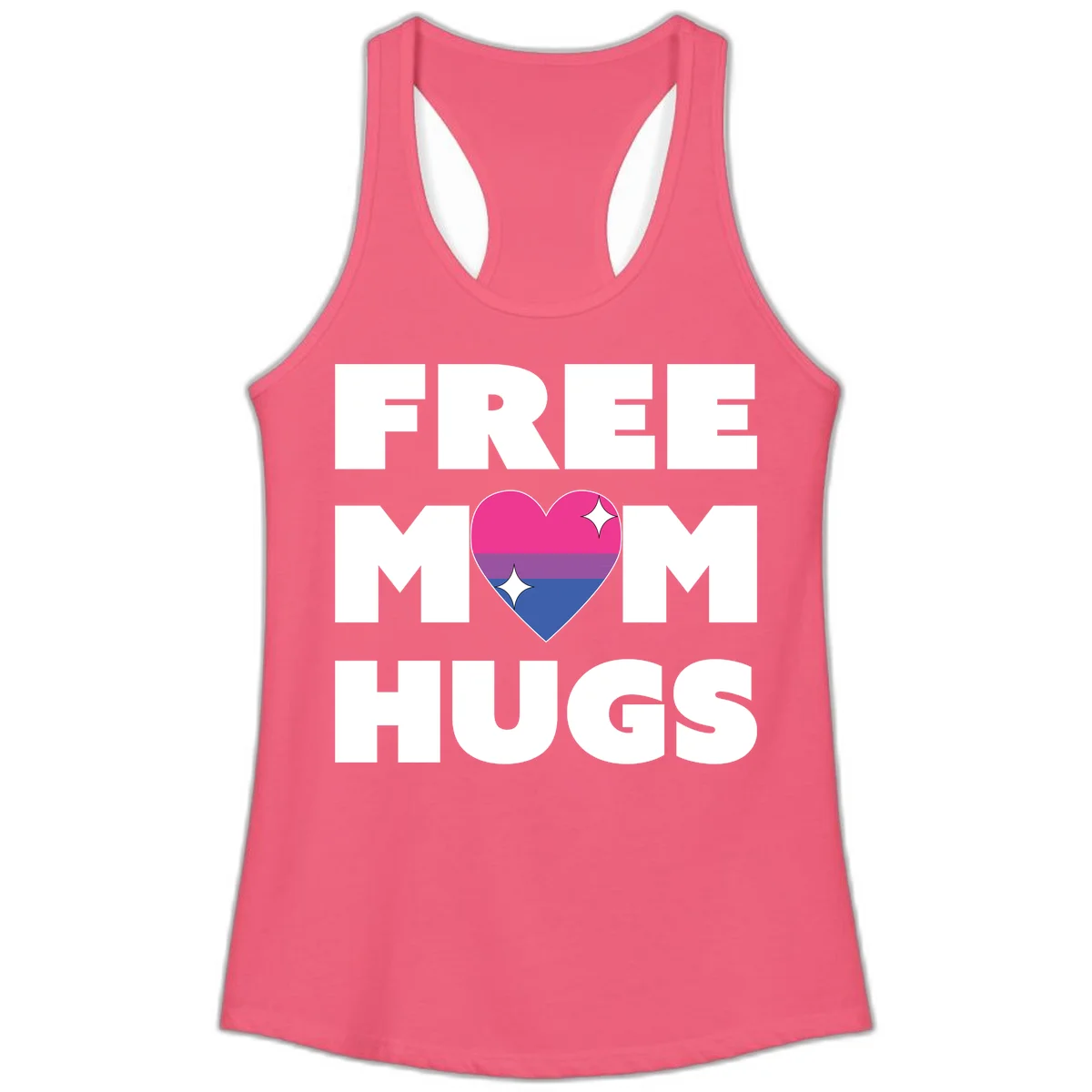 Free Mom Hugs design with bisexual pride flag heart and white sparkles on gray background in Hot Pink