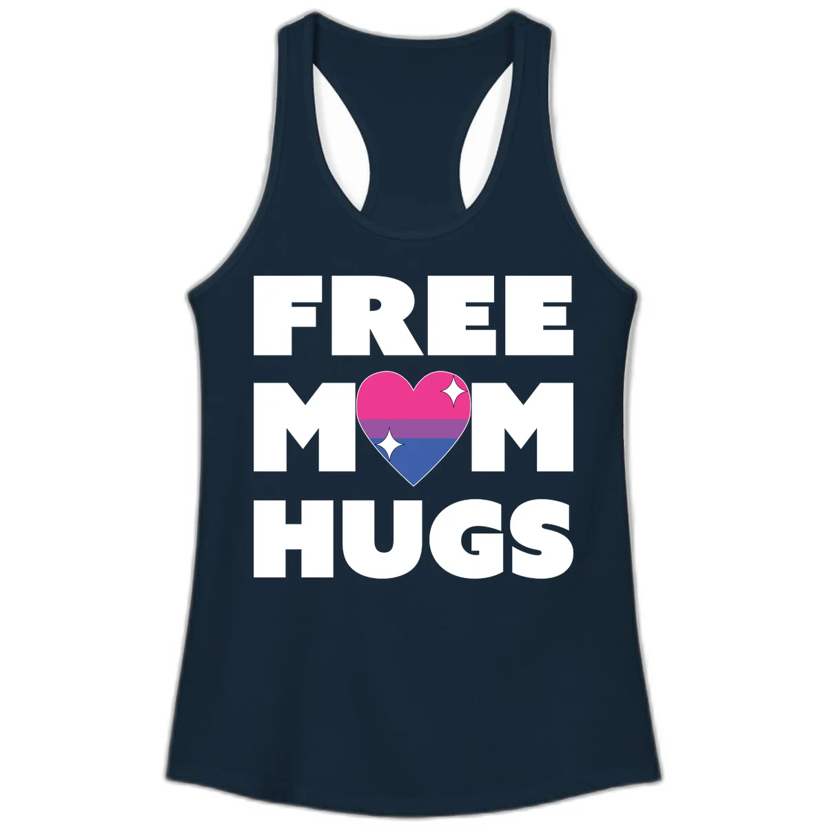 Free Mom Hugs design with bisexual pride flag heart and white sparkles on gray background in Solid Midnight Navy