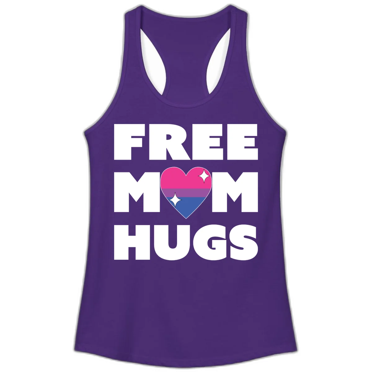 Free Mom Hugs design with bisexual pride flag heart and white sparkles on gray background in Solid Purple Rush