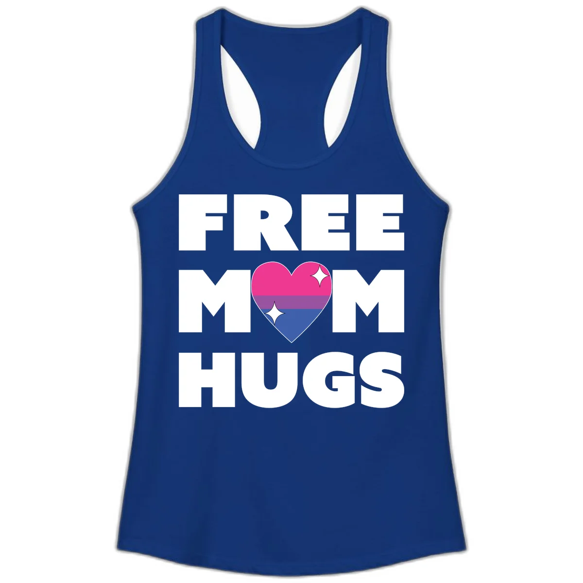 Free Mom Hugs design with bisexual pride flag heart and white sparkles on gray background in Solid Royal