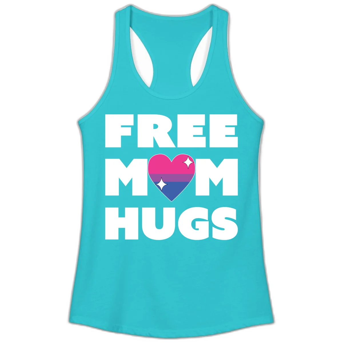 Free Mom Hugs design with bisexual pride flag heart and white sparkles on gray background in Solid Tahiti Blue
