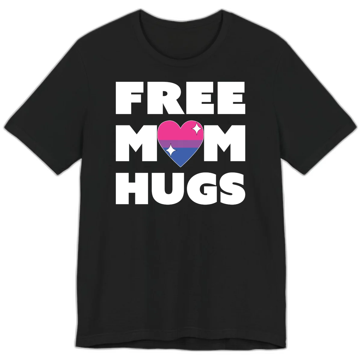 Free Mom Hugs design with bisexual pride flag heart and white sparkles on gray background in Black