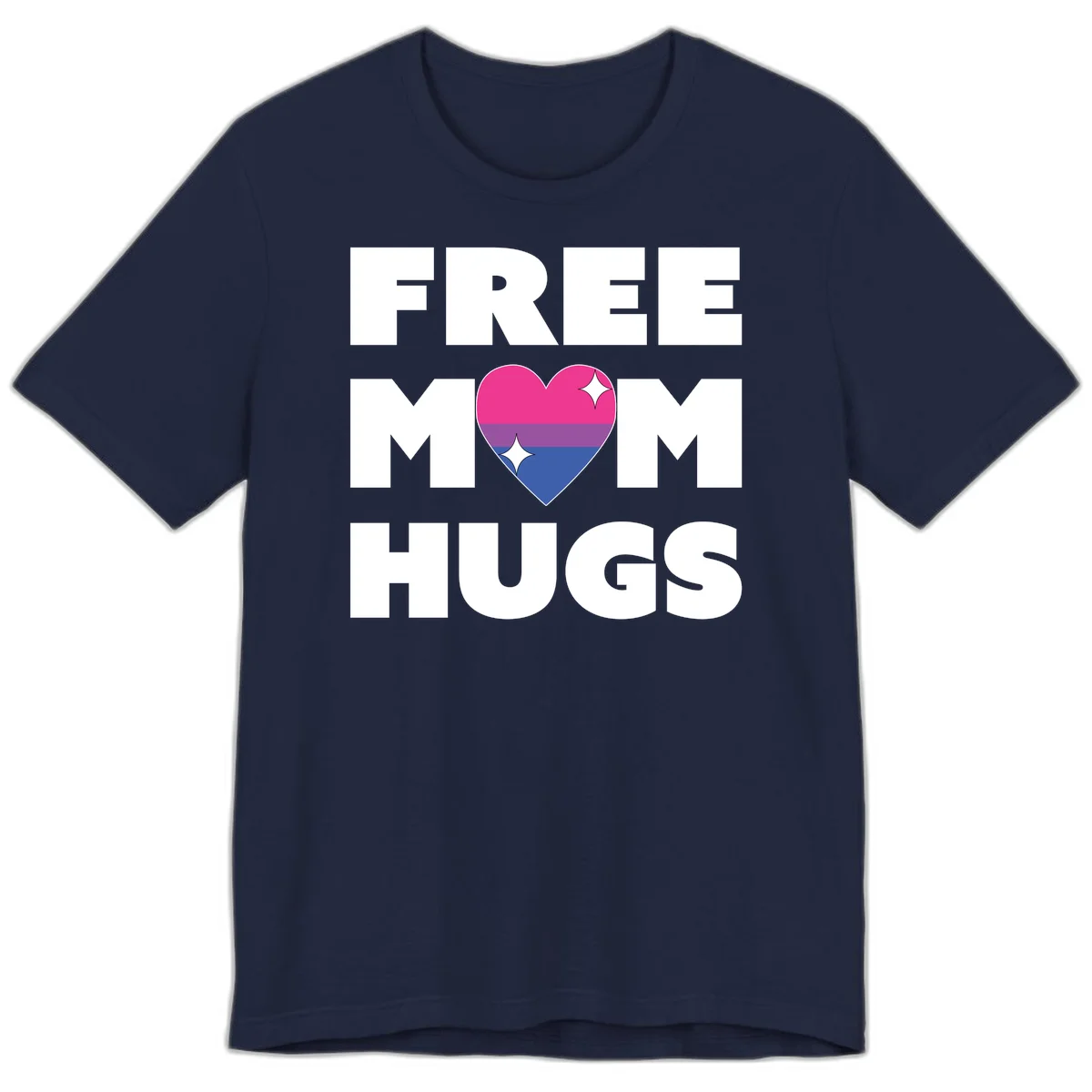 Free Mom Hugs design with bisexual pride flag heart and white sparkles on gray background in Navy