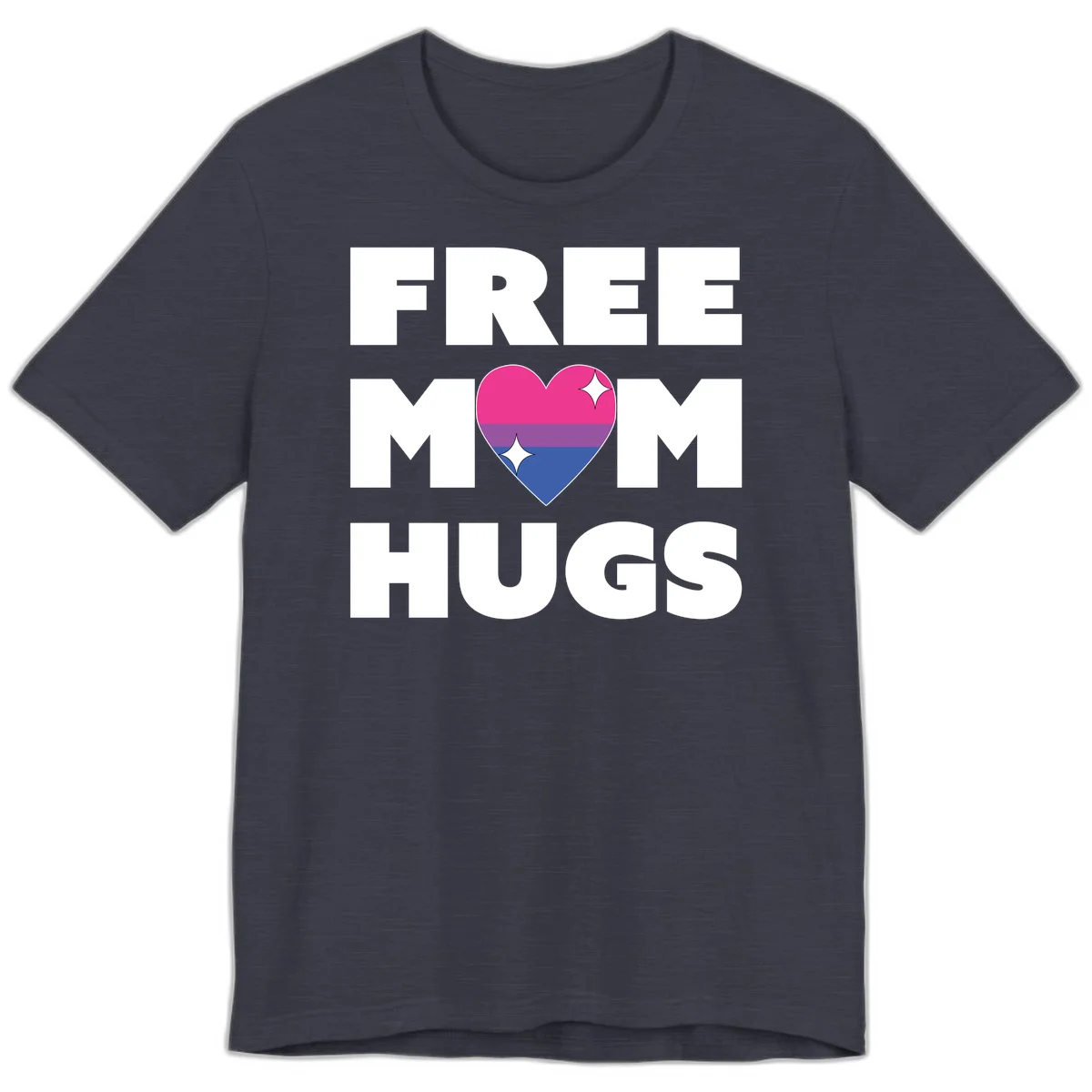 Free Mom Hugs design with bisexual pride flag heart and white sparkles on gray background in Heather Midnight Navy