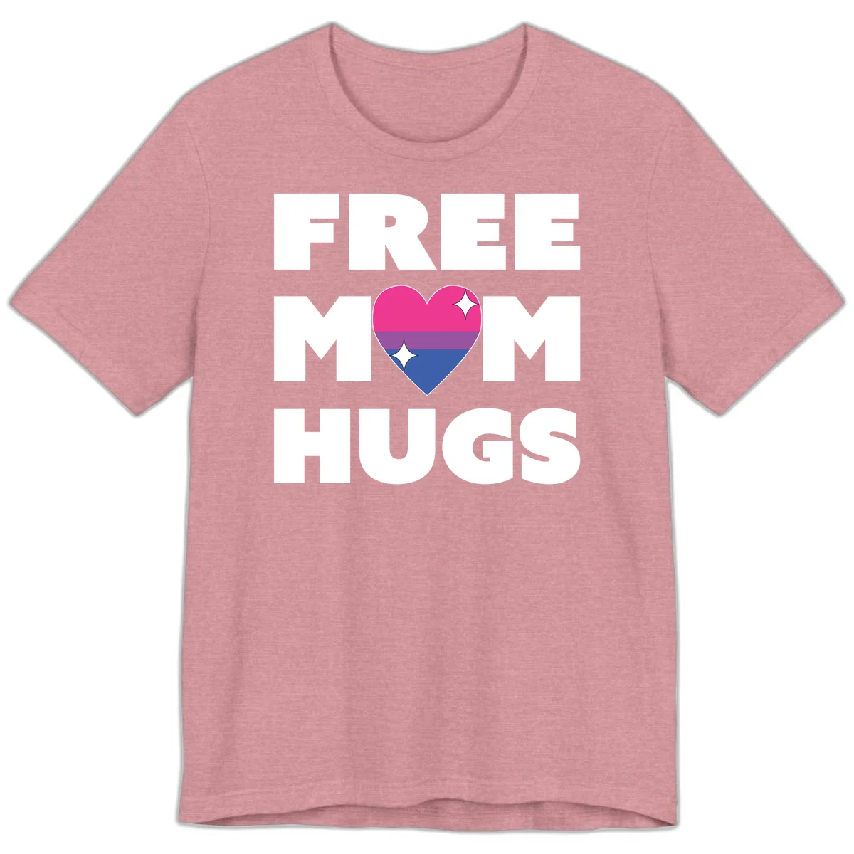Free Mom Hugs design with bisexual pride flag heart and white sparkles on gray background in Heather Orchid