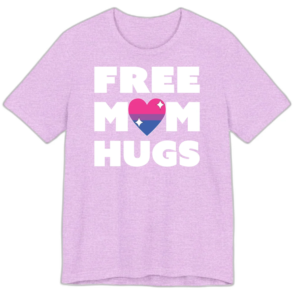Free Mom Hugs design with bisexual pride flag heart and white sparkles on gray background in Heather Prism Lilac
