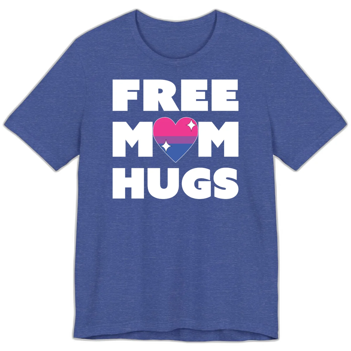 Free Mom Hugs design with bisexual pride flag heart and white sparkles on gray background in Heather True Royal