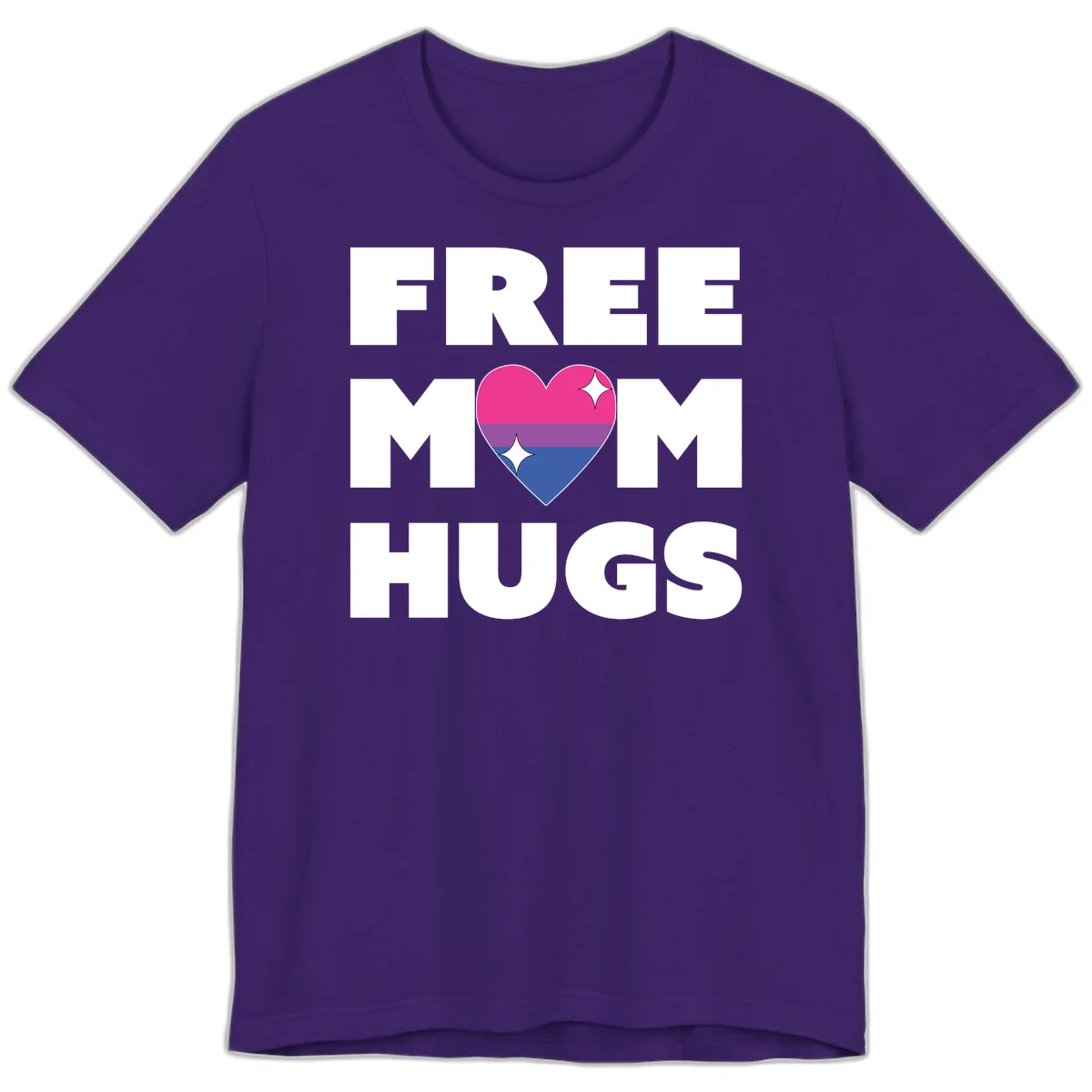 Free Mom Hugs design with bisexual pride flag heart and white sparkles on gray background in Team Purple