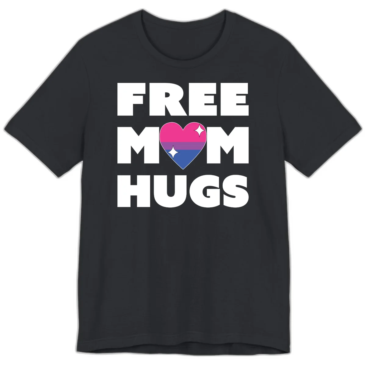Free Mom Hugs design with bisexual pride flag heart and white sparkles on gray background in Vintage Black