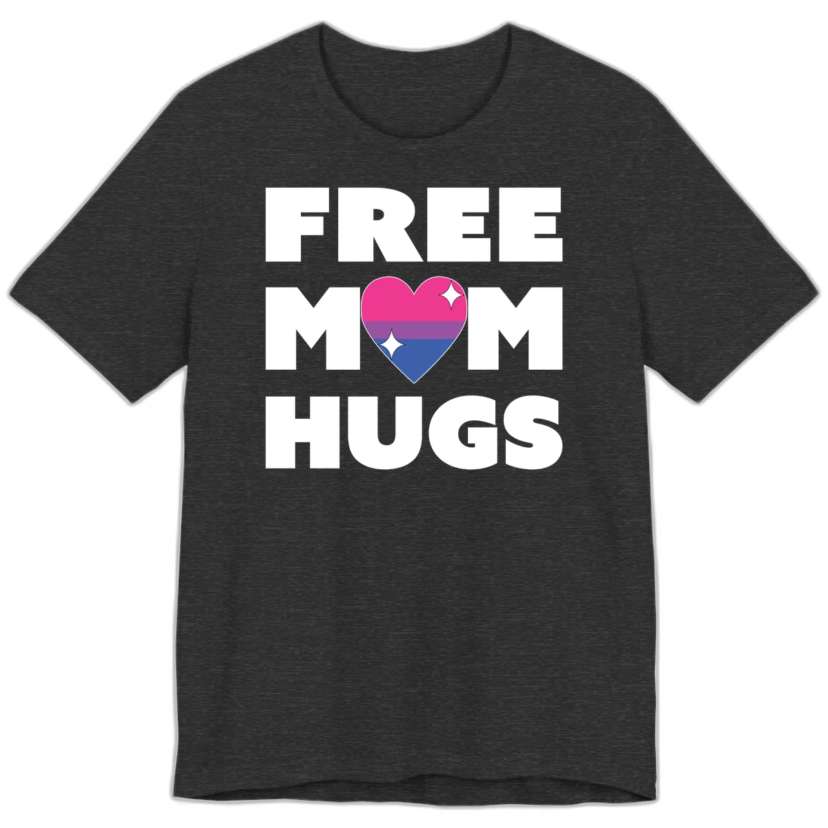 Free Mom Hugs design with bisexual pride flag heart and white sparkles on gray background in Dark Grey Heather