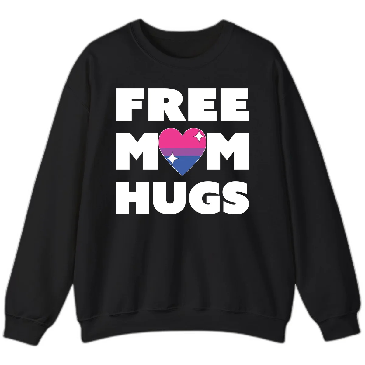 Free Mom Hugs design with bisexual pride flag heart and white sparkles on gray background in Black