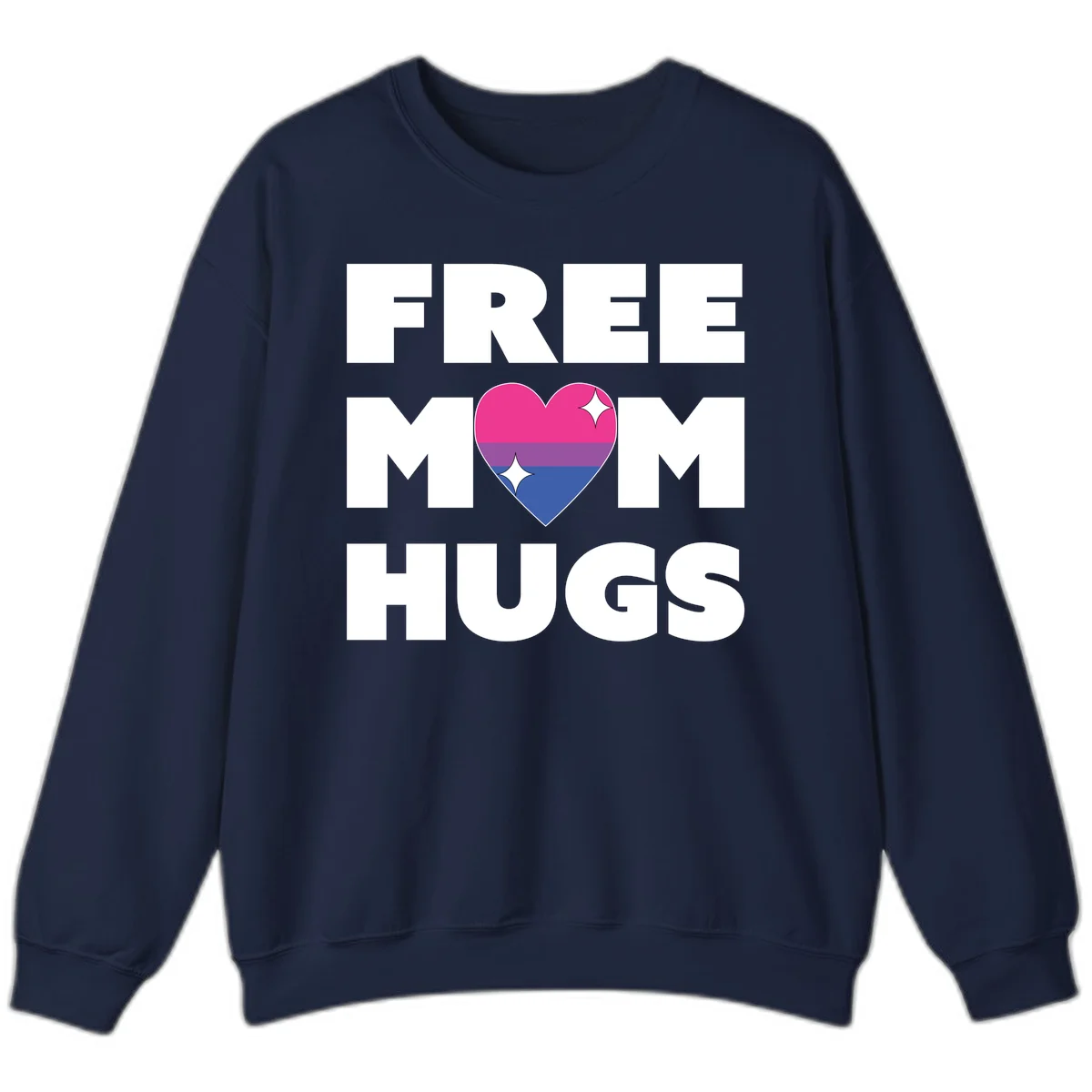 Free Mom Hugs design with bisexual pride flag heart and white sparkles on gray background in Navy