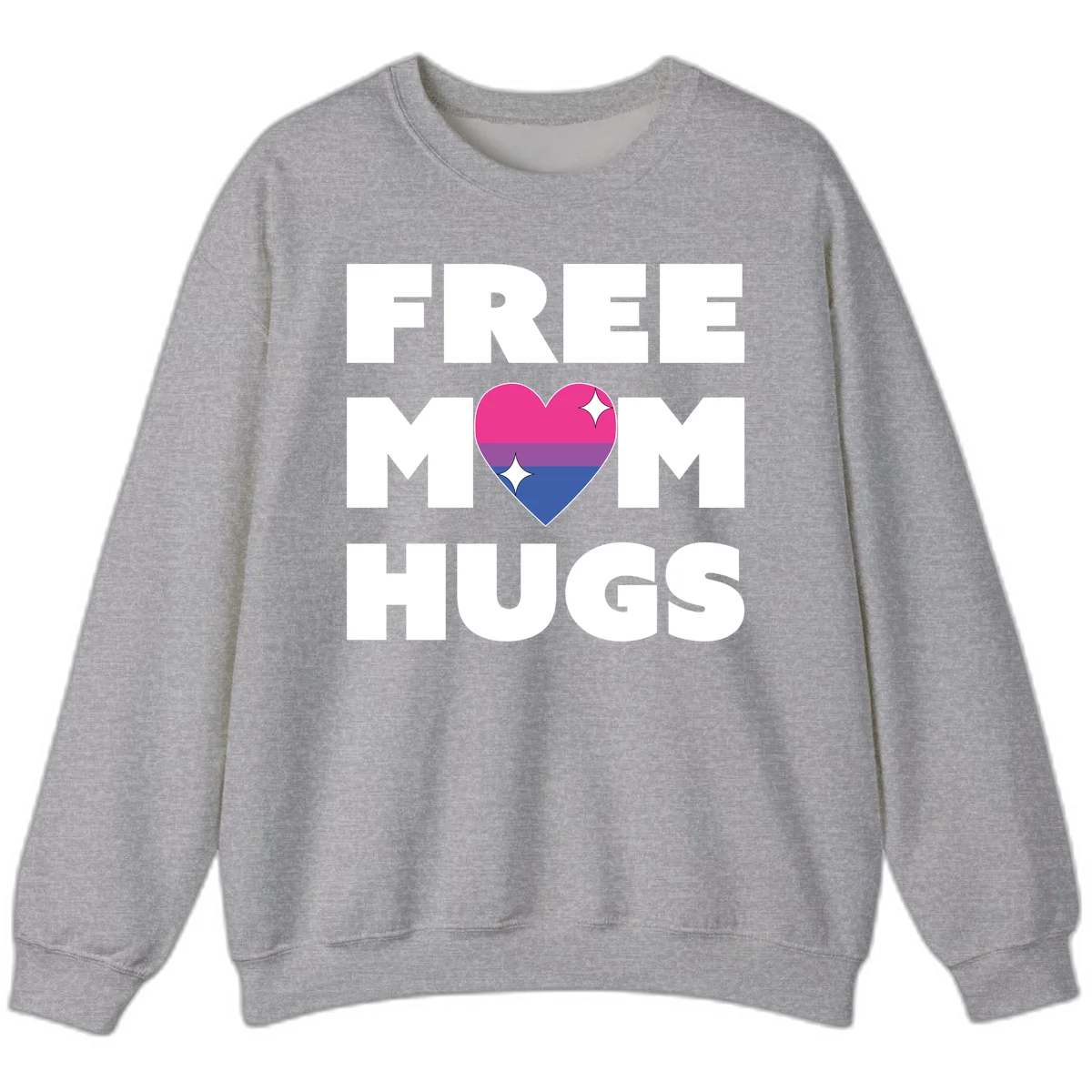 Free Mom Hugs design with bisexual pride flag heart and white sparkles on gray background in Sport Grey