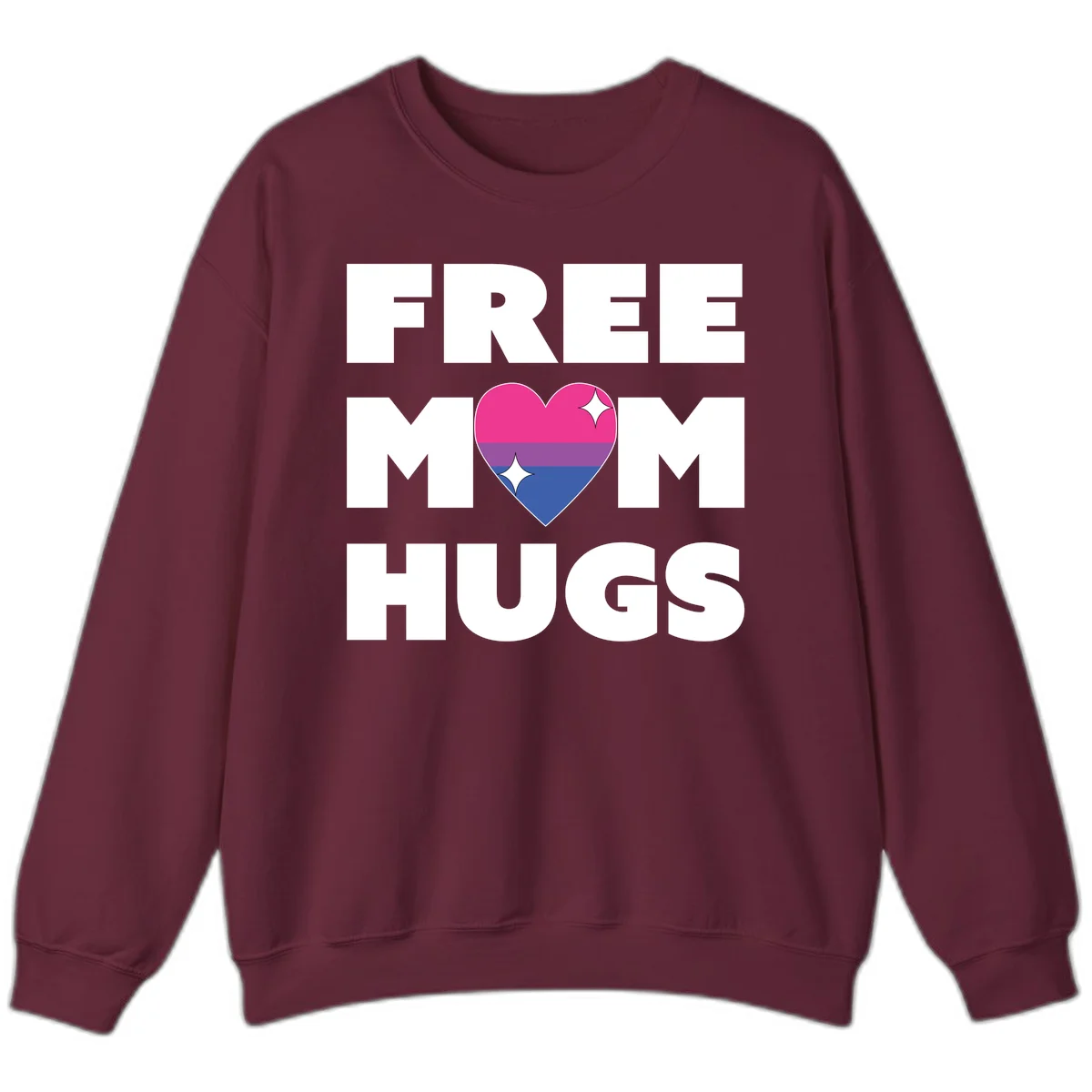 Free Mom Hugs design with bisexual pride flag heart and white sparkles on gray background in Maroon