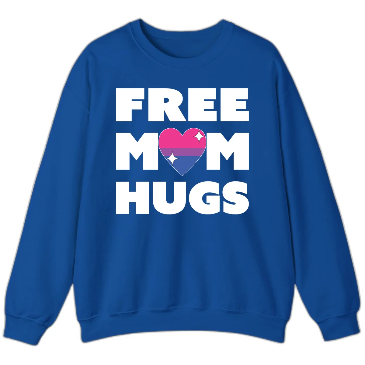 Free Mom Hugs design with bisexual pride flag heart and white sparkles on gray background in Royal