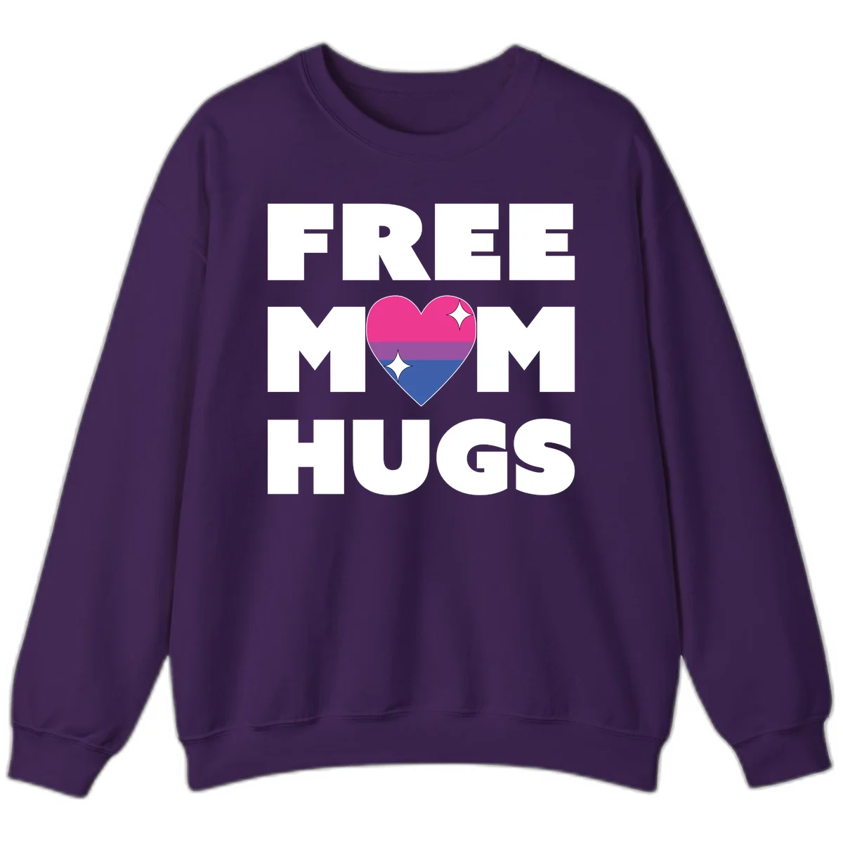 Free Mom Hugs design with bisexual pride flag heart and white sparkles on gray background in Purple
