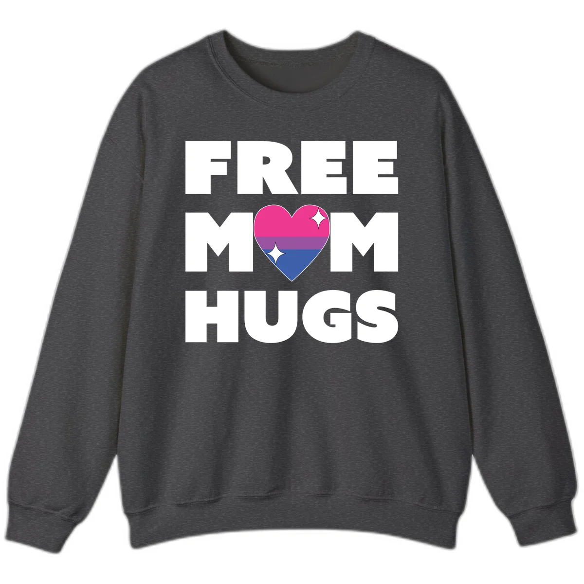 Free Mom Hugs design with bisexual pride flag heart and white sparkles on gray background in Dark Heather