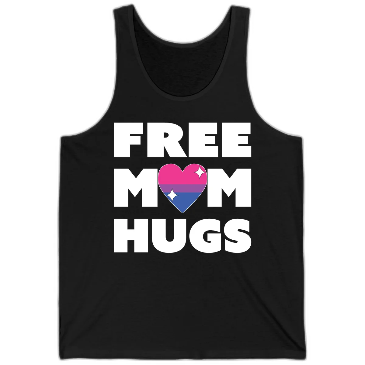 Free Mom Hugs design with bisexual pride flag heart and white sparkles on gray background in Black