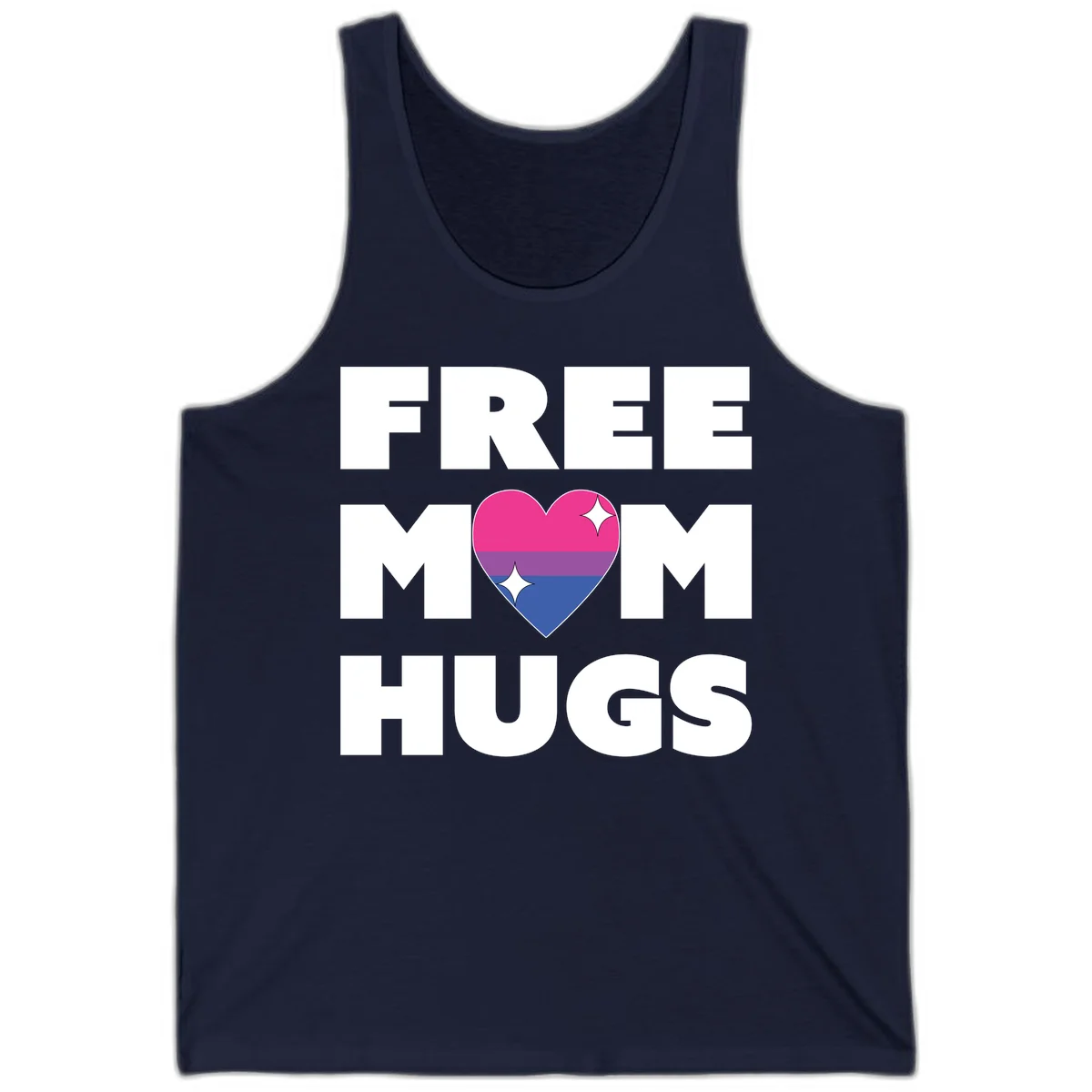 Free Mom Hugs design with bisexual pride flag heart and white sparkles on gray background in Navy