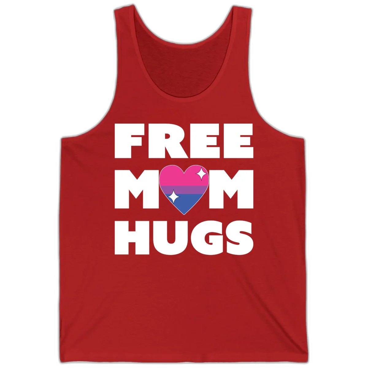 Free Mom Hugs design with bisexual pride flag heart and white sparkles on gray background in Red