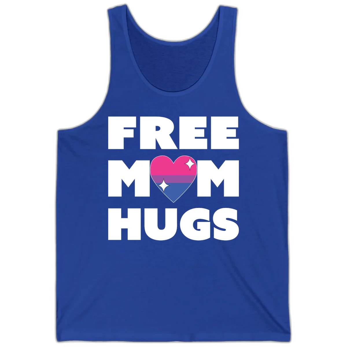Free Mom Hugs design with bisexual pride flag heart and white sparkles on gray background in True Royal