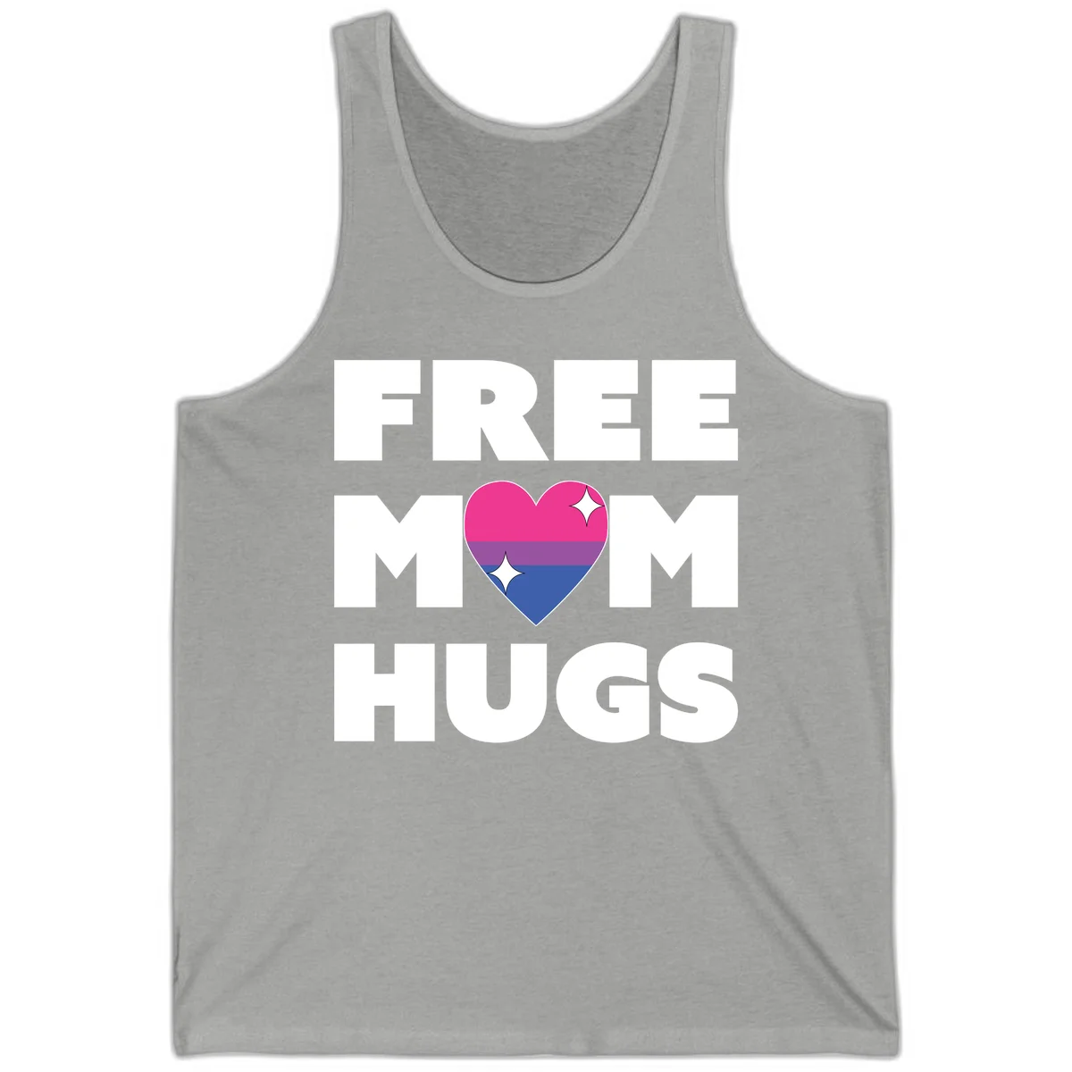 Free Mom Hugs design with bisexual pride flag heart and white sparkles on gray background in Athletic Heather
