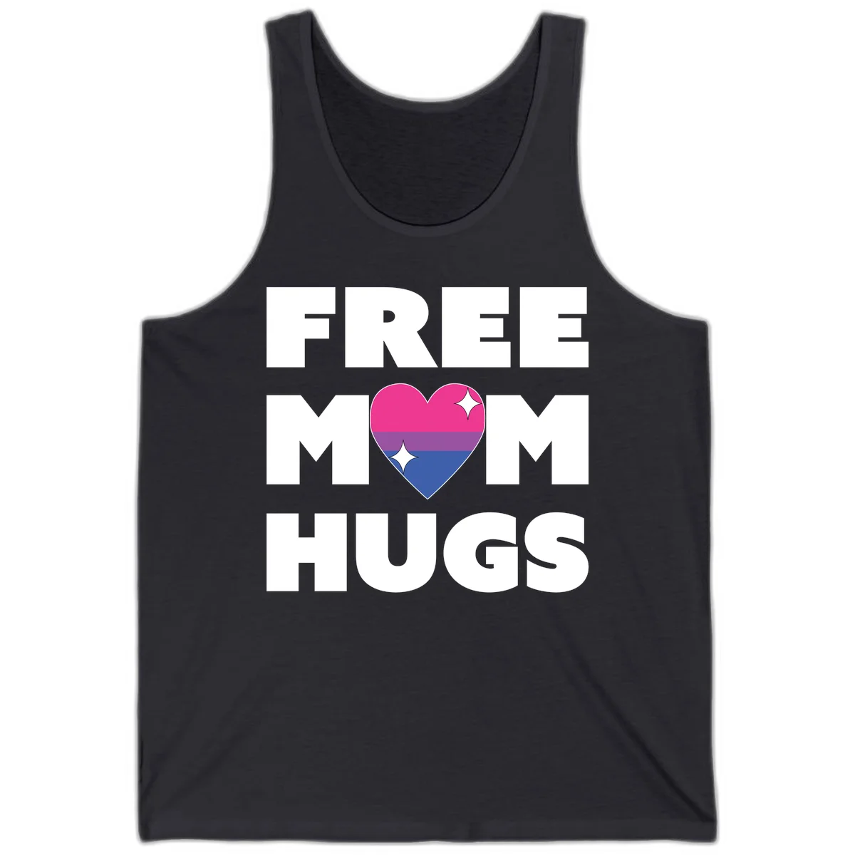 Free Mom Hugs design with bisexual pride flag heart and white sparkles on gray background in Dark Grey