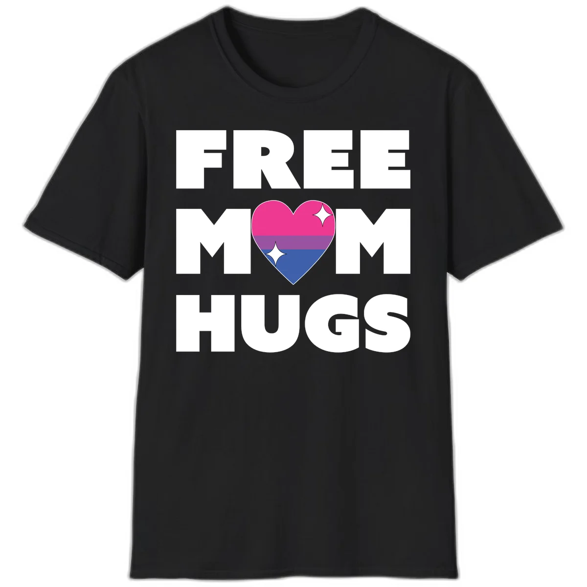 Free Mom Hugs design with bisexual pride flag heart and white sparkles on gray background in Black