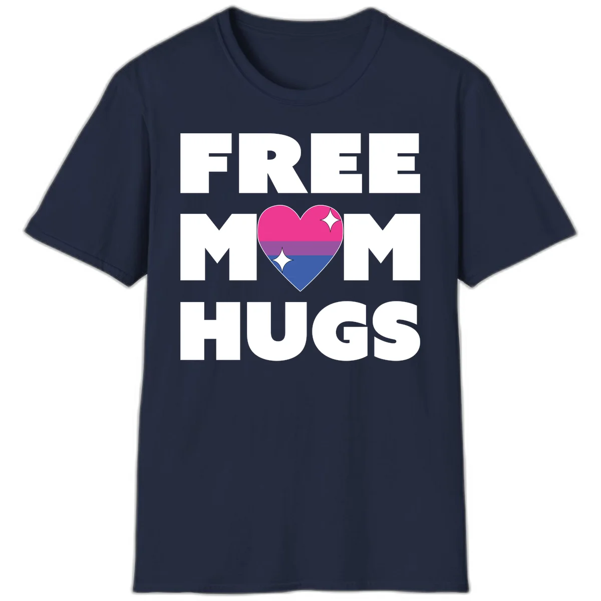 Free Mom Hugs design with bisexual pride flag heart and white sparkles on gray background in Navy