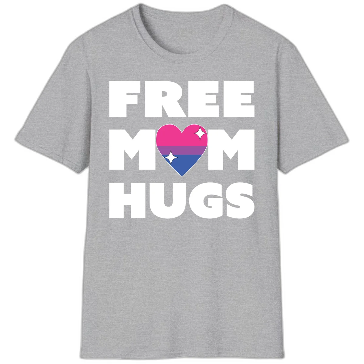 Free Mom Hugs design with bisexual pride flag heart and white sparkles on gray background in Sport Grey