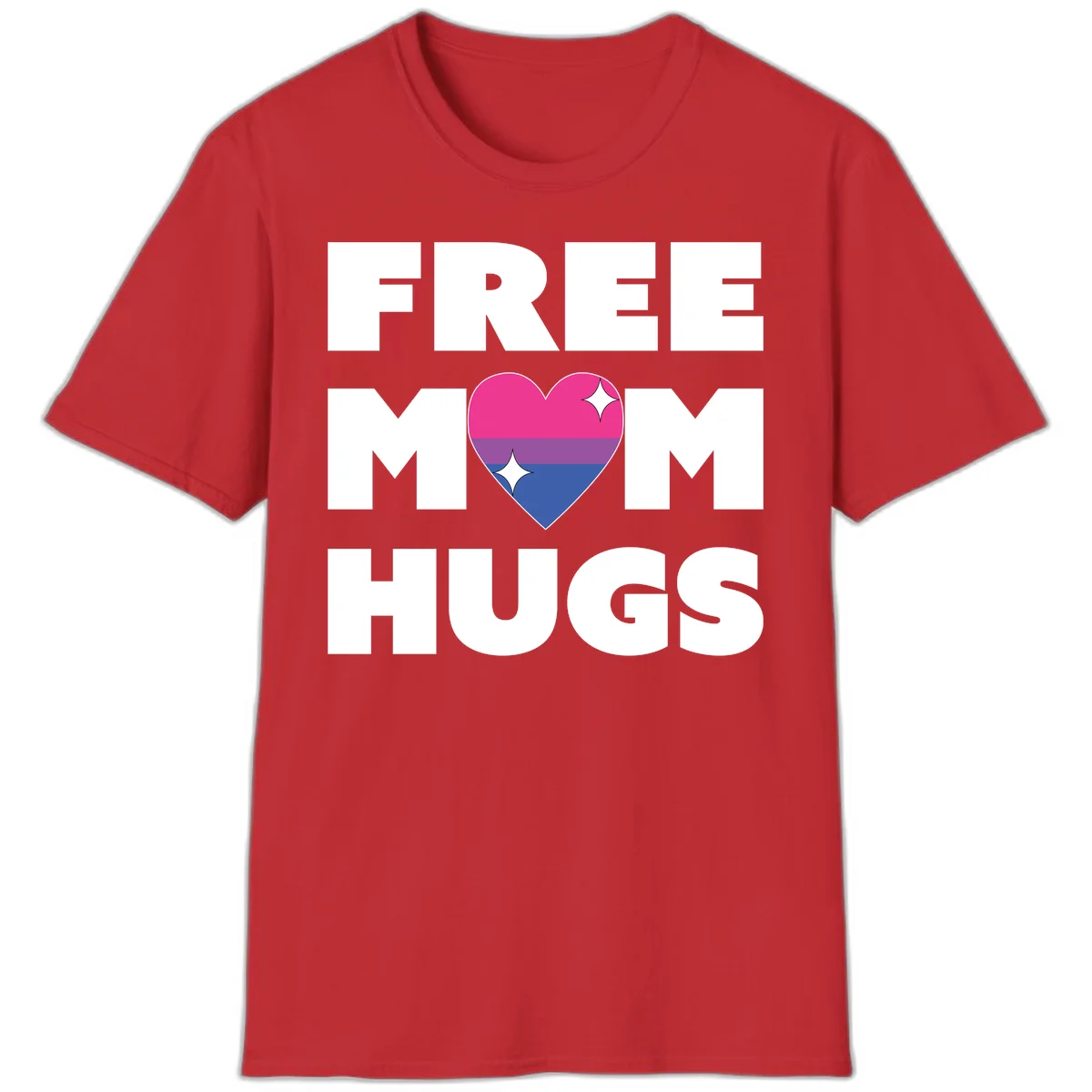 Free Mom Hugs design with bisexual pride flag heart and white sparkles on gray background in Red