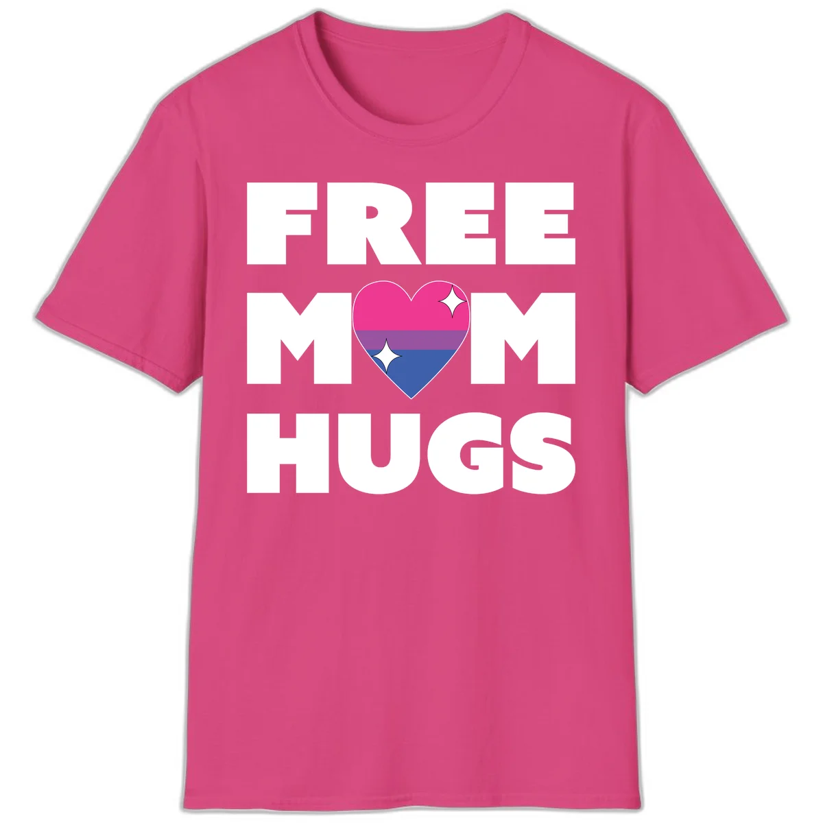 Free Mom Hugs design with bisexual pride flag heart and white sparkles on gray background in Heliconia