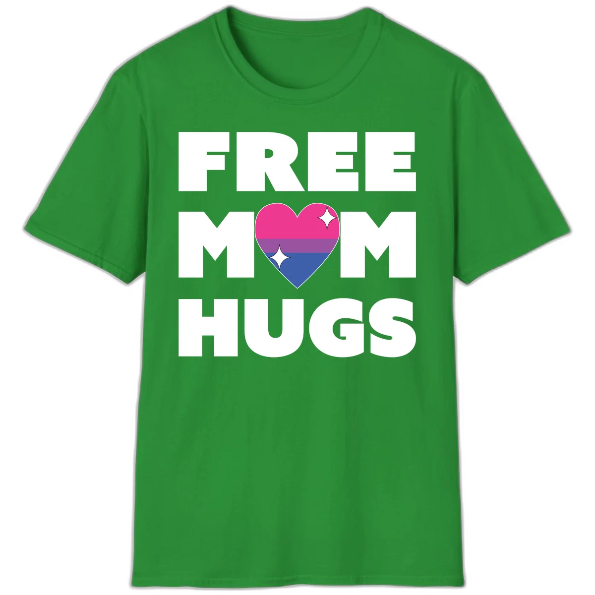 Free Mom Hugs design with bisexual pride flag heart and white sparkles on gray background in Irish Green