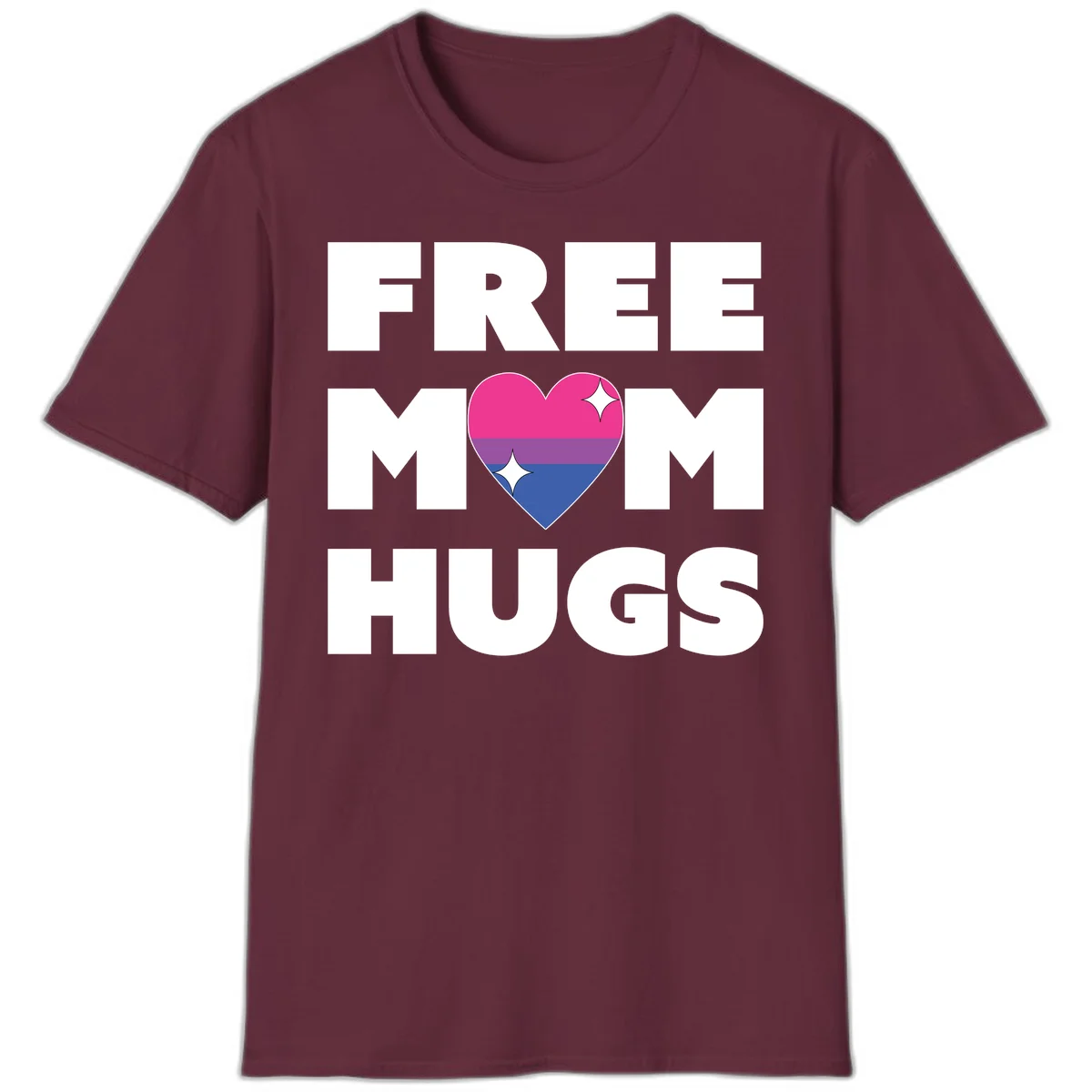 Free Mom Hugs design with bisexual pride flag heart and white sparkles on gray background in Maroon
