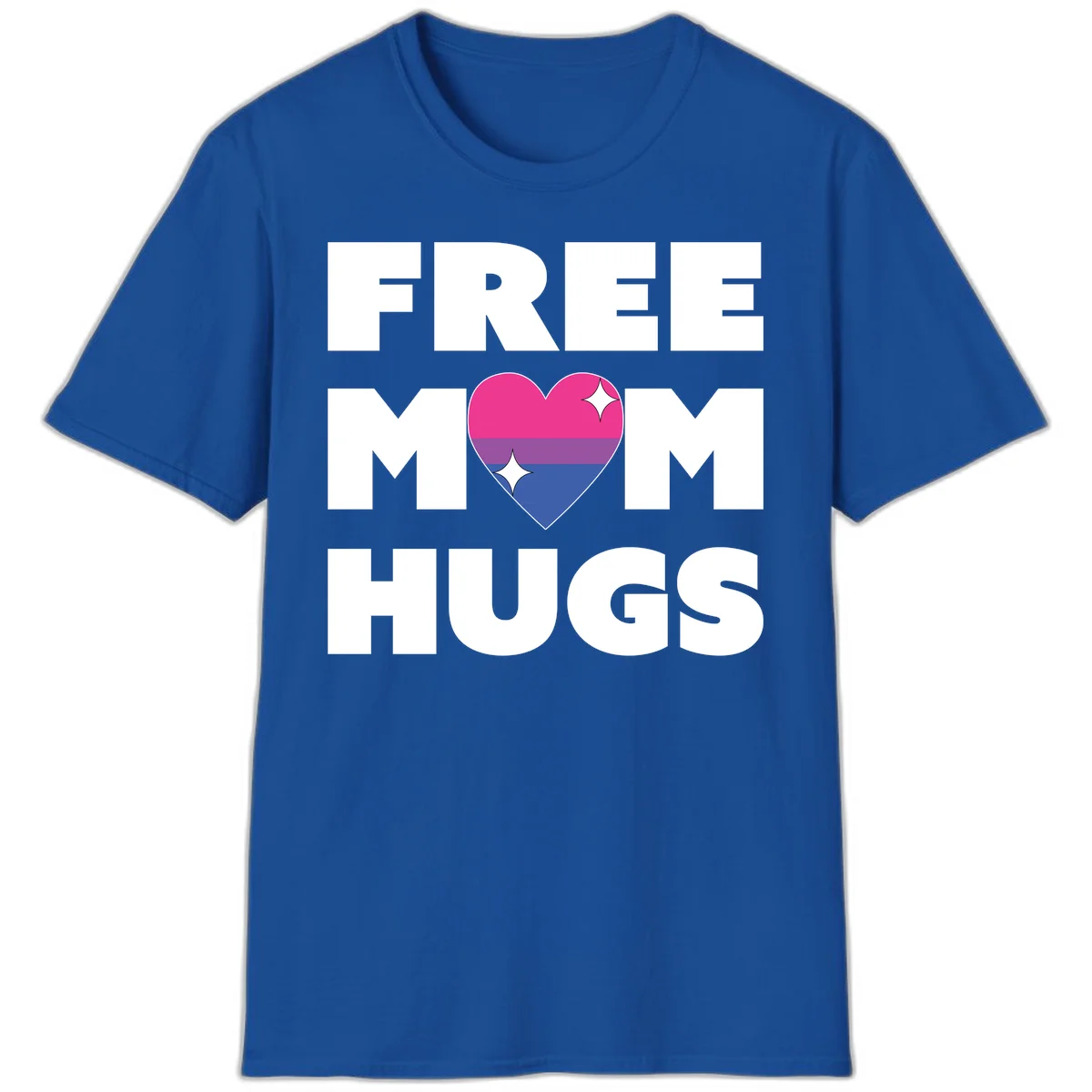 Free Mom Hugs design with bisexual pride flag heart and white sparkles on gray background in Royal