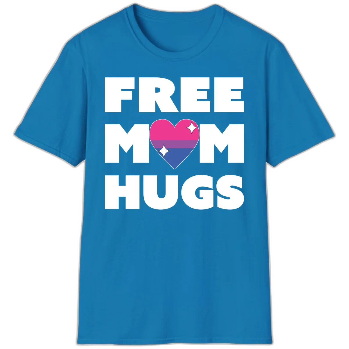 Free Mom Hugs design with bisexual pride flag heart and white sparkles on gray background in Sapphire