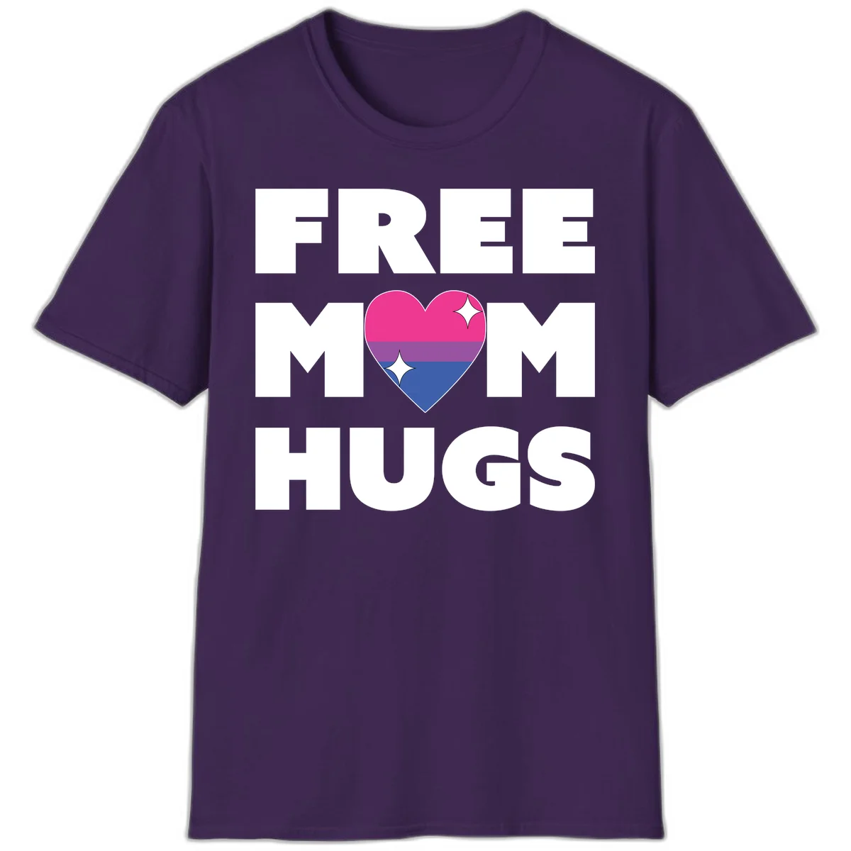 Free Mom Hugs design with bisexual pride flag heart and white sparkles on gray background in Purple