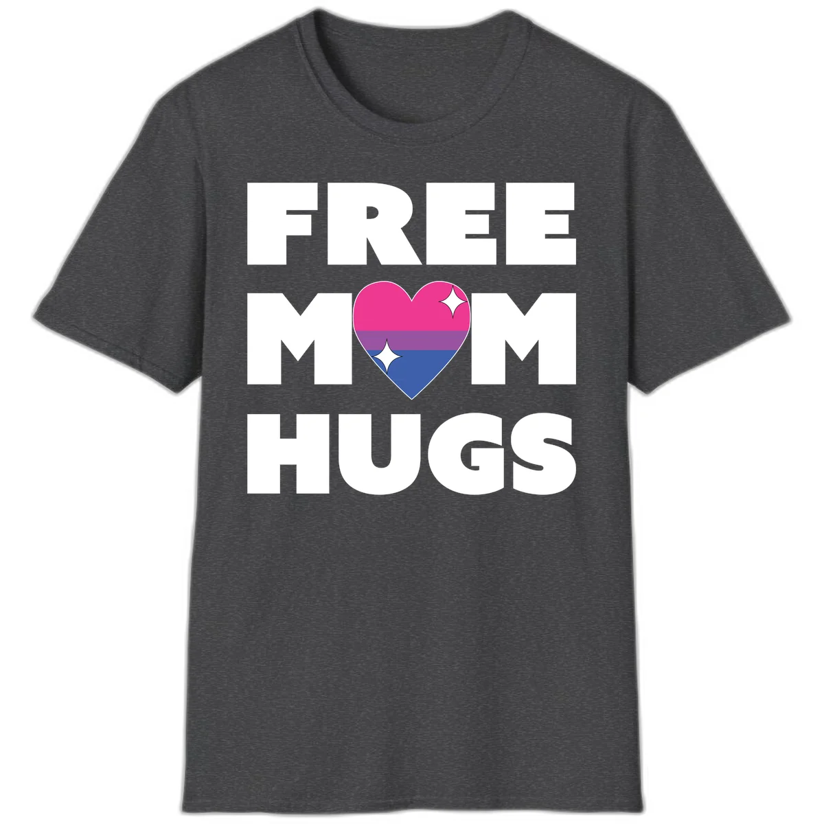 Free Mom Hugs design with bisexual pride flag heart and white sparkles on gray background in Dark Heather