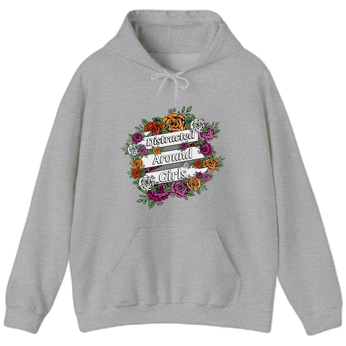 Distracted around girls design: colorful rose wreath in red, orange, white, and purple with ribbon banners in Sport Grey