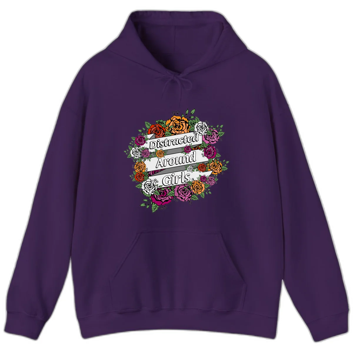 Distracted around girls design: colorful rose wreath in red, orange, white, and purple with ribbon banners in Purple